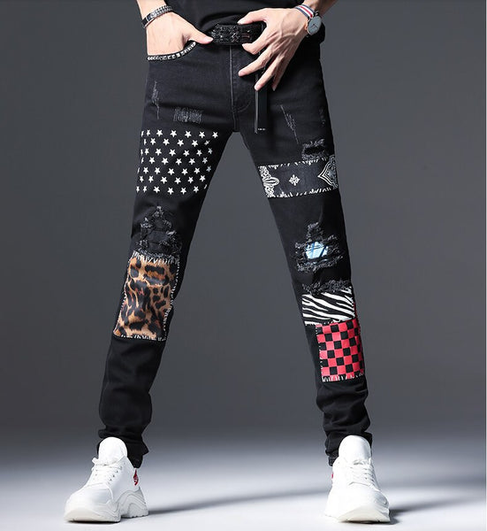 Mens Distressed Pleated Knee Patch Painted Stretch Skinny Jeans Ripped  Denim Pants Brand Hip Hop Black Casual Trousers for men - AliExpress