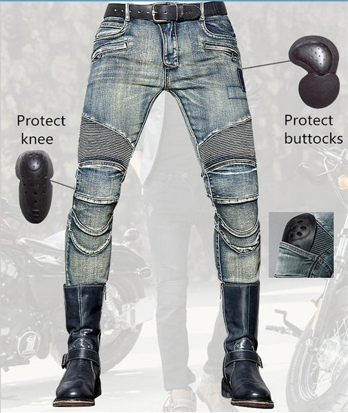 BUY UGLYBROS Blue Biker Jeans With Knee Pads ON SALE NOW! - Rugged  Motorbike Jeans